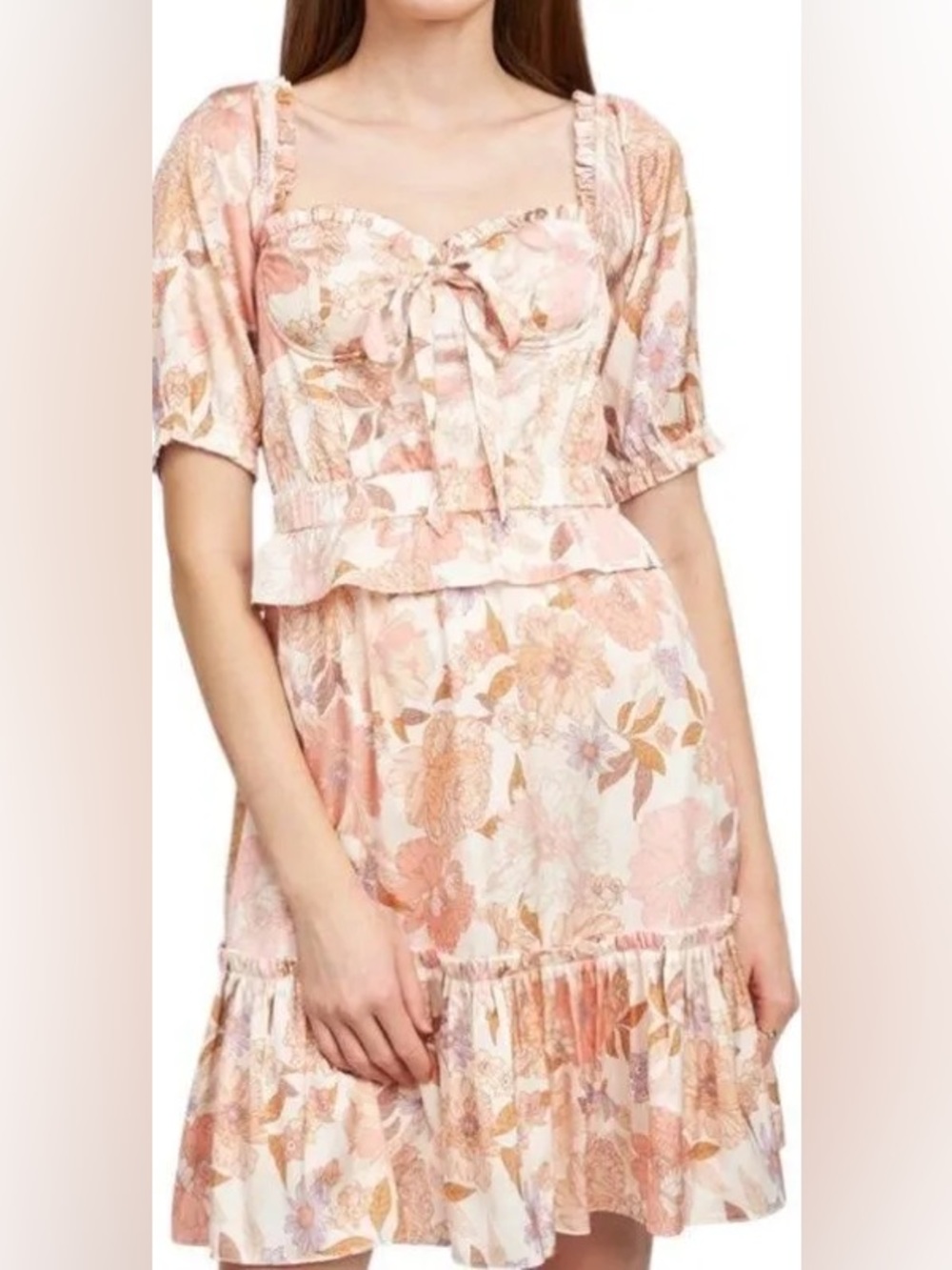 En Saison Peach White Floral Satin Bustier Peplum Mini Dress M